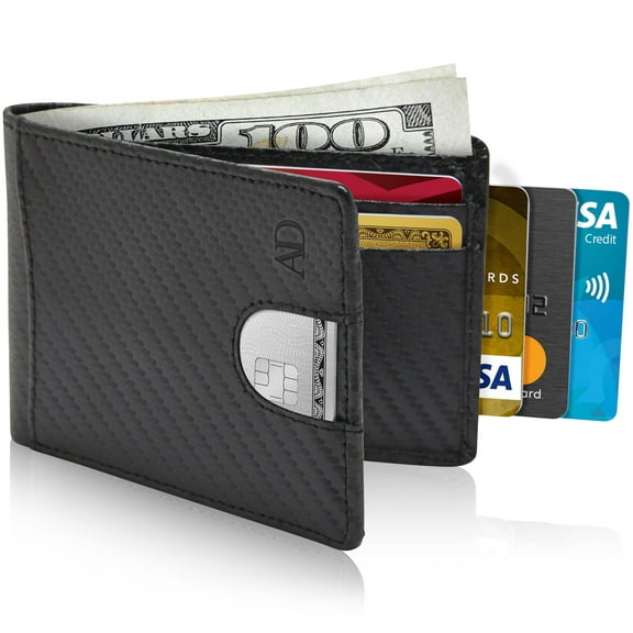 Leather Slim Wallets For Men - RFID Mens Wallet With Pull Strap Front Pocket Card Holder With ID Window Gifts For Him