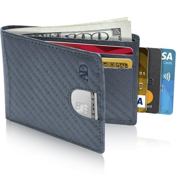 Leather Slim Wallets For Men - RFID Mens Wallet With Pull Strap Front Pocket Card Holder With ID Window Gifts For Him