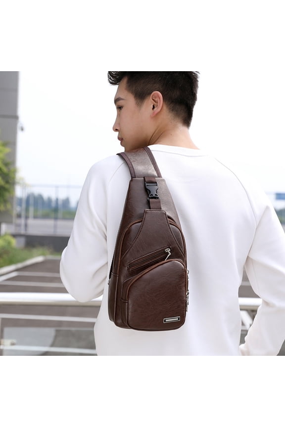 Leather Sling Bag Crossbody Backpack for Men Women Travel Outdoor Camping, With headphone jack and USB charging port