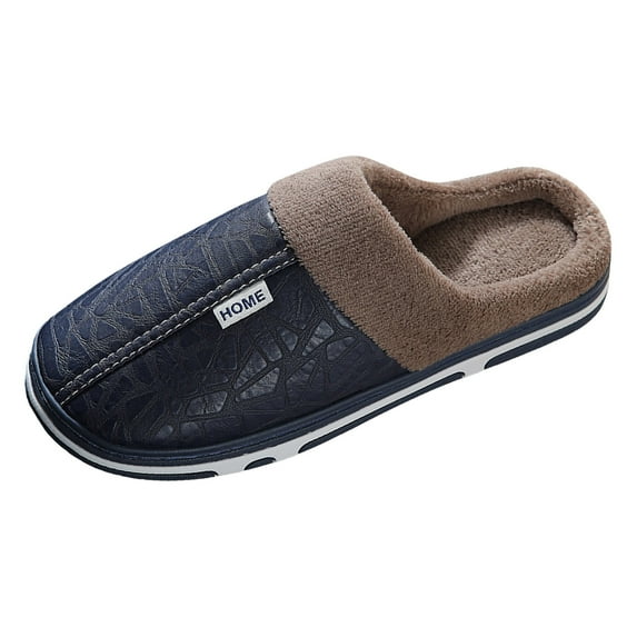 Leather Slippers For Women House Warm Couple Solid Color Leather Padded Outdoor Cotton Bedroom Slipper Fall Winter Home Fashion Casual Comfortable Shoes,Navy