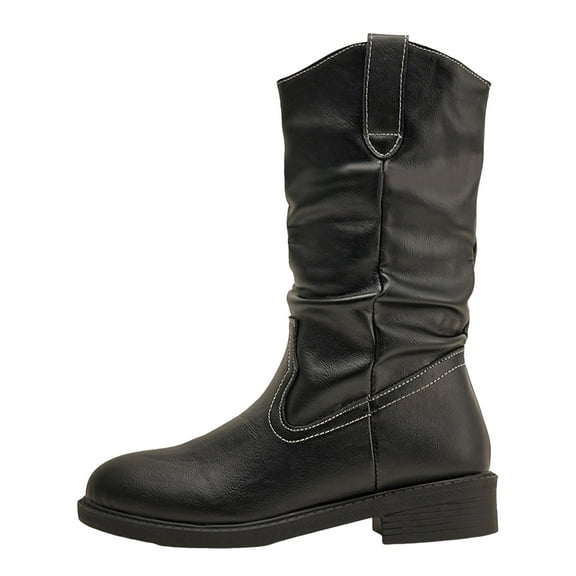 Leather Slouchy Cowboy Boots for Women Wide Width Block Low Heel Slip On Mid Calf Motocycle Booties