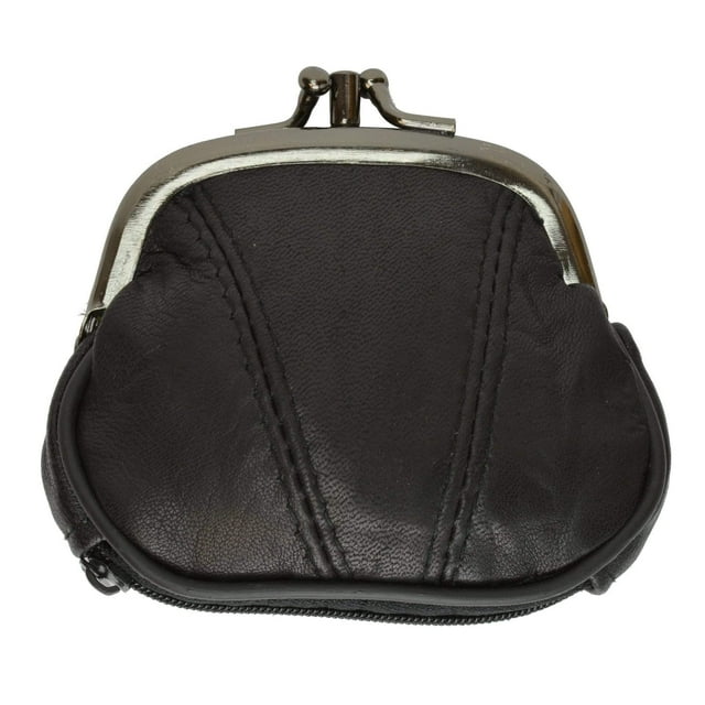 Leather Small Change Purse Double Frame with Zipper Pocket Y022