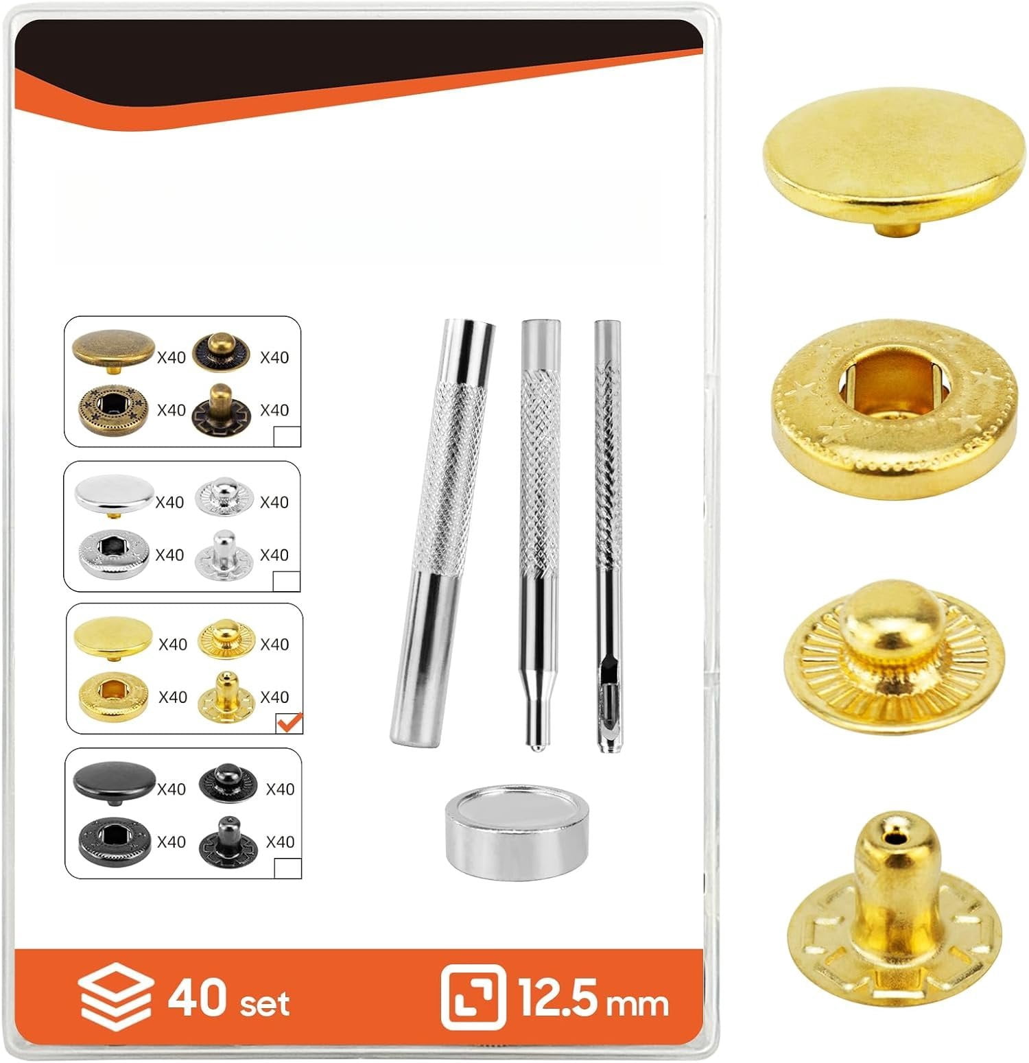 Leather Snaps and Fasteners Kit,12.5mm 40 Sets Metal Snap Buttons with Setter Tools, Sewing Snaps for Clothing,Fabric,Leather, Clothes, Jackets, Bags, DIY Crafting ()
