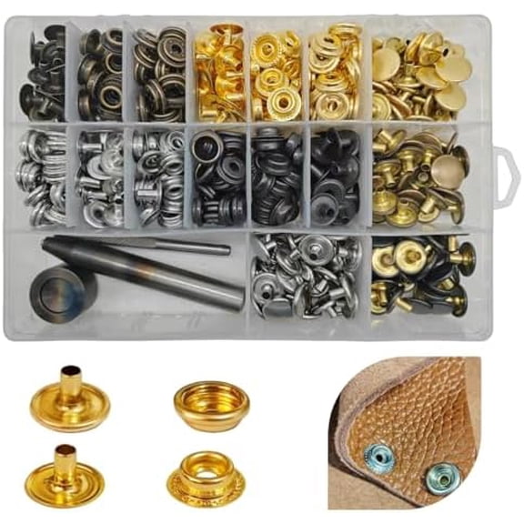 Leather Snaps and Fasteners Kit, 120 Set Brass 304 Stainless Steel Heavy Duty Snap Buttons, Canvas Snap Kit Metal Snap for Thick Leather Fabric, Clothing Canvas Tarpaulin Tents Awnings Canvas