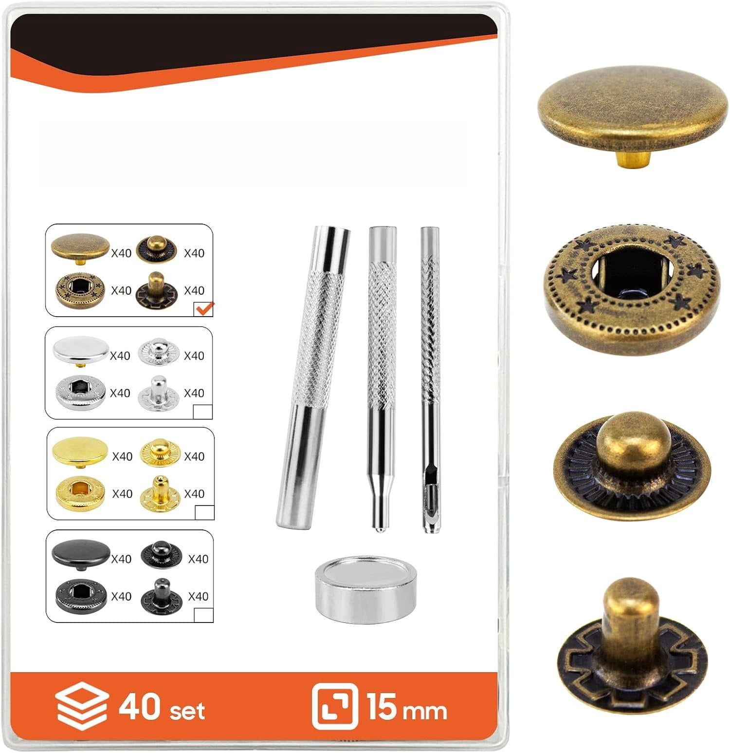 Leather Snaps and Fasteners Kit,15mm 40 Sets Metal Snap Buttons with Setter Tools, Sewing Snaps for Clothing,Fabric,Leather, Clothes, Jackets, Bags, DIY Crafting(Bronze)