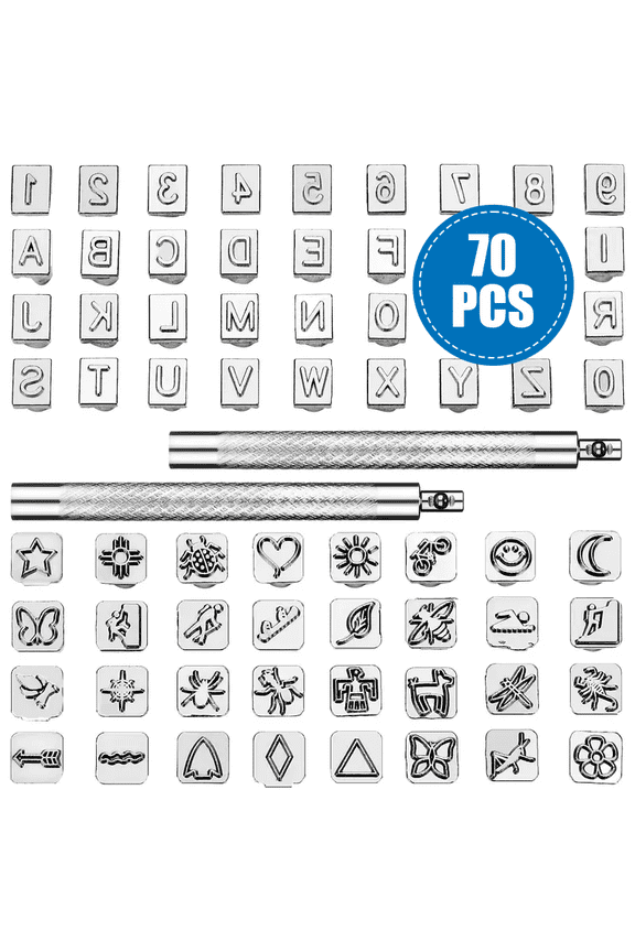 Leather Stamping Tool Kit 70 Pcs, Stainless Steel Leather Embossing Tools with Letters Numbers Pattern Stamps, DIY Leather Craft Tools Set for Wallet Belt Keychain Jewelry Making Gift