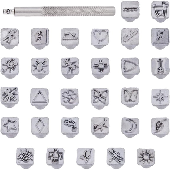 Leather Stamping Tool Set 31Pcs Leather Carving Stamps and Handle Platinum Alloy Leather Carving Tools Sun/Insect/Flower Pattern Leather Art Craft Tool 13x10.5x10.5mm DIY