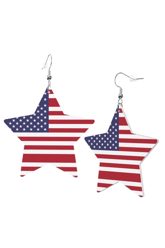 Leather Star Hook Earrings America Flag Print Earring Dangle Drop Earring For Women