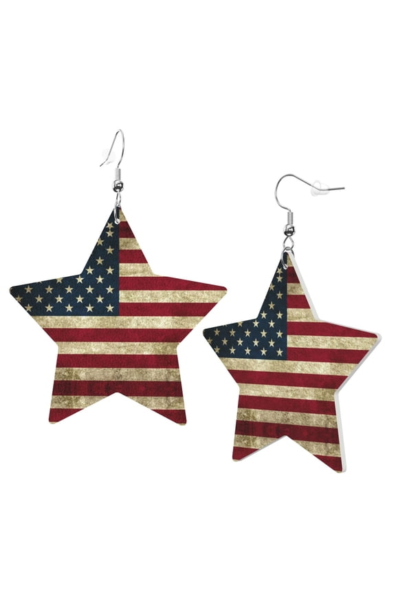 Leather Star Hook Earrings America Flag Print Earring Dangle Drop Earring For Women