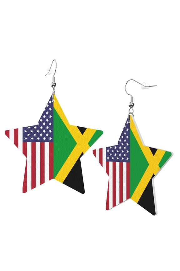 Leather Star Hook Earrings America Jamaica Flag Print Earring Dangle Drop Earring For Women