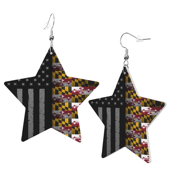 Leather Star Hook Earrings America Maryland Flag Print Earring Dangle Drop Earring For Women