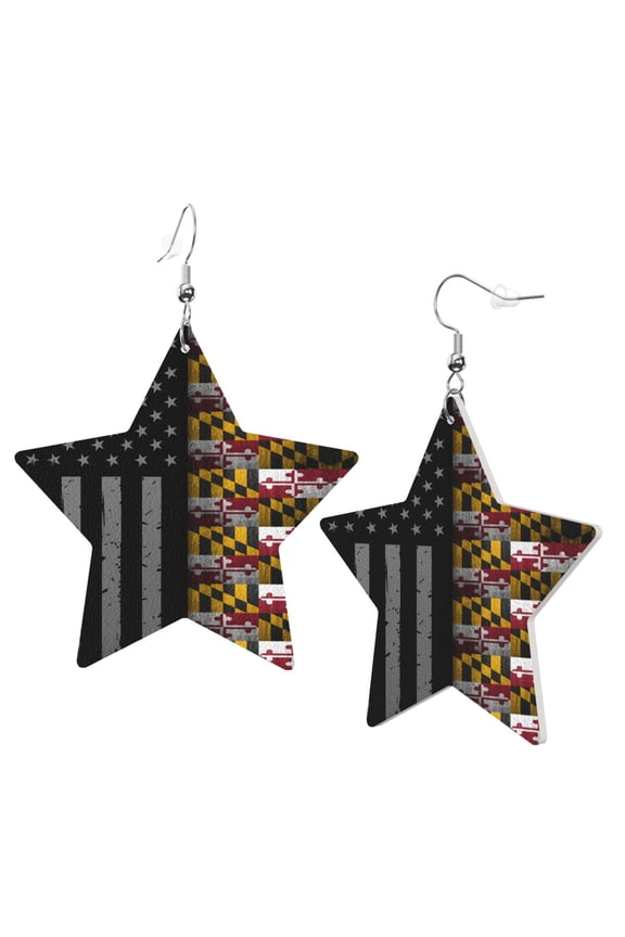 Leather Star Hook Earrings America Maryland Flag Print Earring Dangle Drop Earring For Women