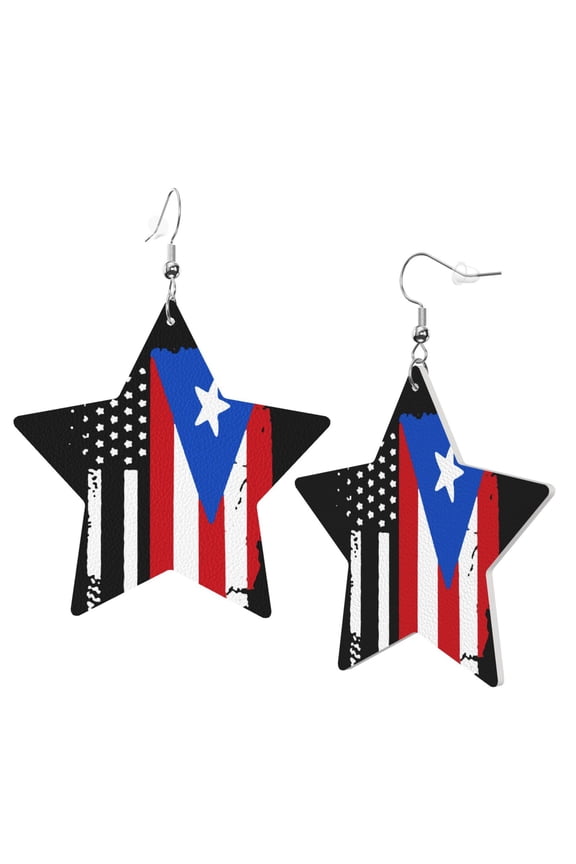 Leather Star Hook Earrings America Puerto-Rico Flag Print Earring Dangle Drop Earring For Women