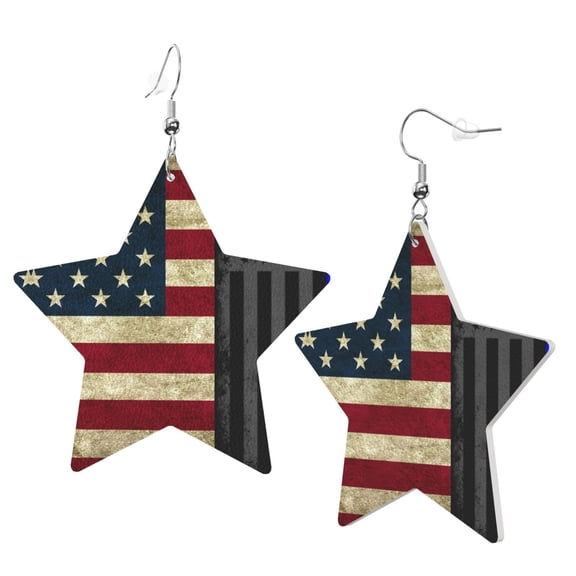Leather Star Hook Earrings America Thin Blue Line Flag Print Earring Dangle Drop Earring For Women