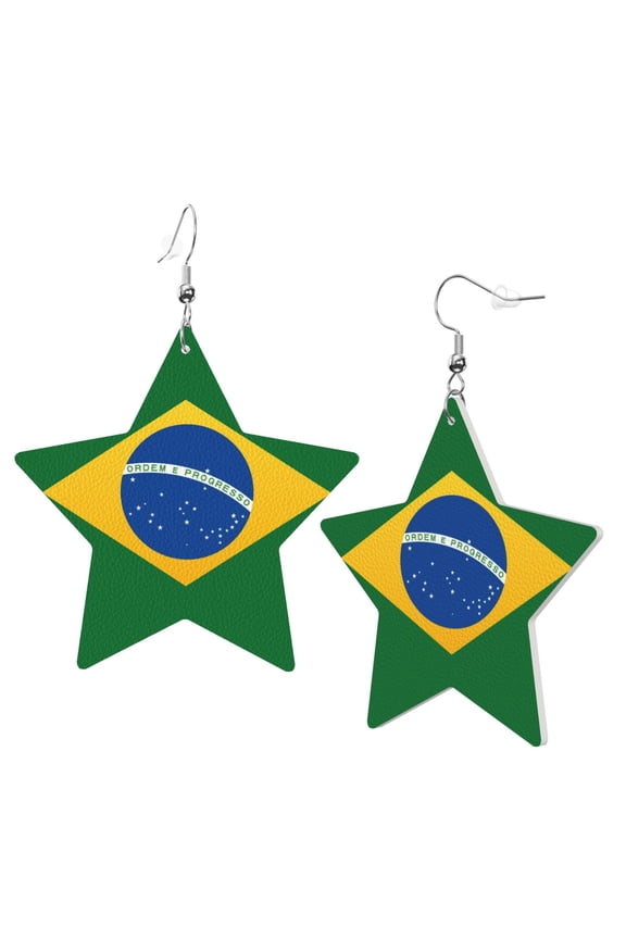 Leather Star Hook Earrings Brazil Flag Print Earring Dangle Drop Earring For Women