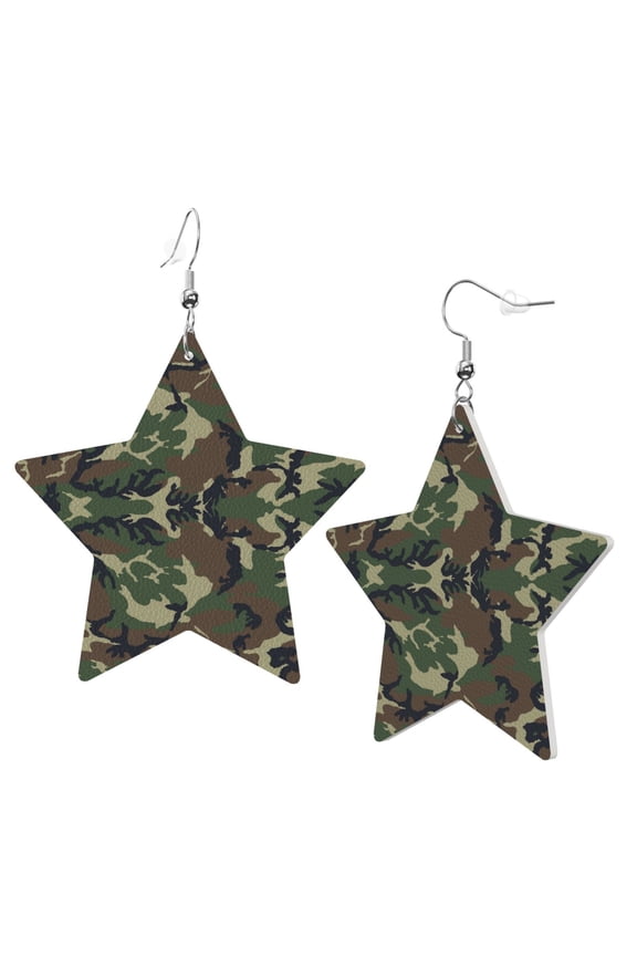Leather Star Hook Earrings Camouflage Print Earring Dangle Drop Earring For Women