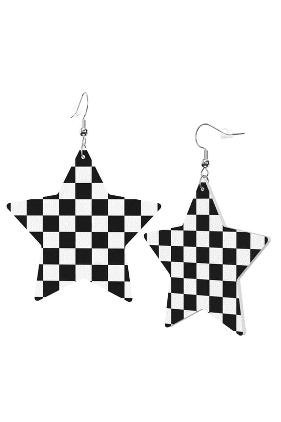 Leather Star Hook Earrings Checkerboard Print Earring Dangle Drop Earring For Women