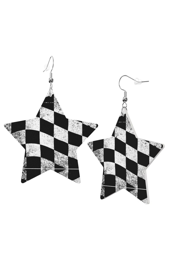 Leather Star Hook Earrings Checkered Flag Print Earring Dangle Drop Earring For Women