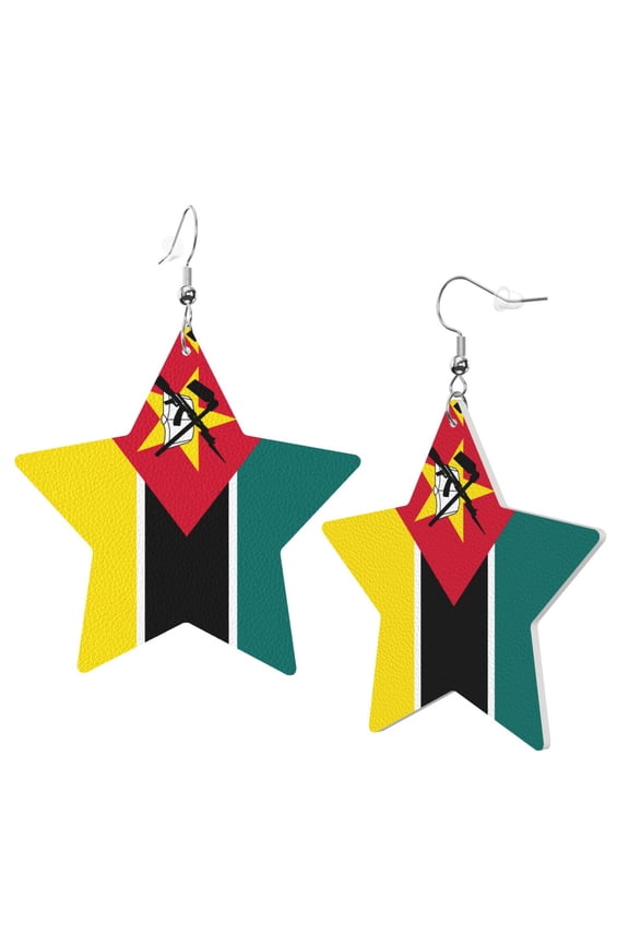 Leather Star Hook Earrings Flag Of Mozambique Print Earring Dangle Drop Earring For Women