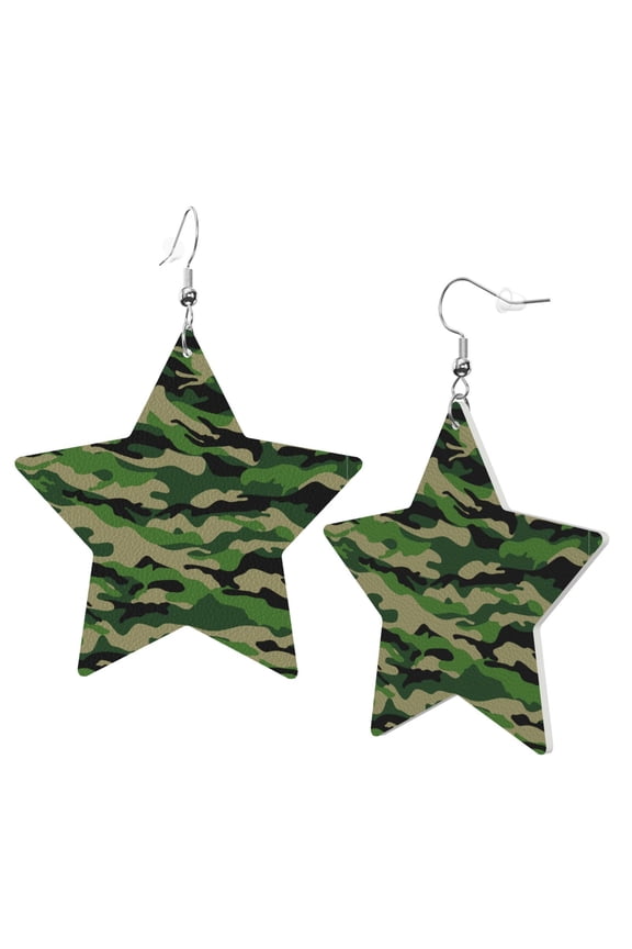Leather Star Hook Earrings Green Camouflage Print Earring Dangle Drop Earring For Women
