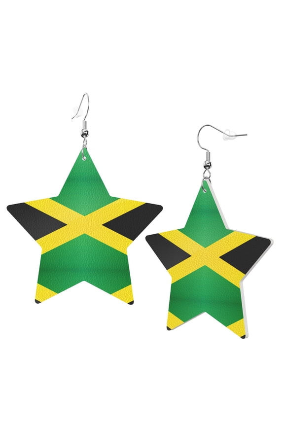 Leather Star Hook Earrings Jamaica Flag Print Earring Dangle Drop Earring For Women
