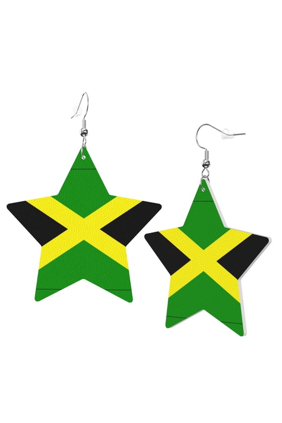 Leather Star Hook Earrings Jamaican Flag Print Earring Dangle Drop Earring For Women