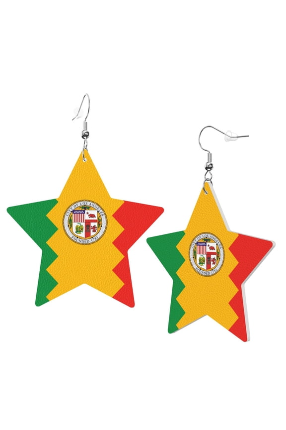Leather Star Hook Earrings Los Angeles California Flag Print Earring Dangle Drop Earring For Women