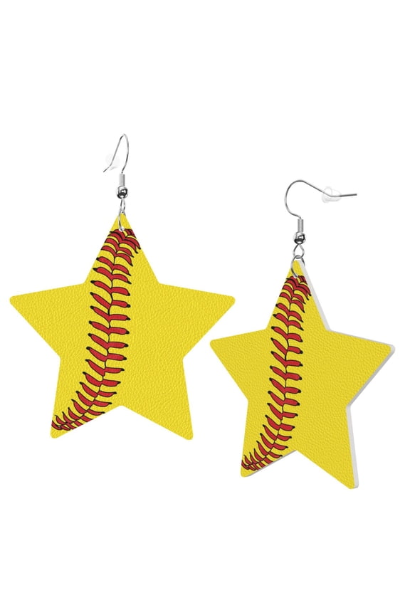 Leather Star Hook Earrings Softball Baseball Print Earring Dangle Drop Earring For Women