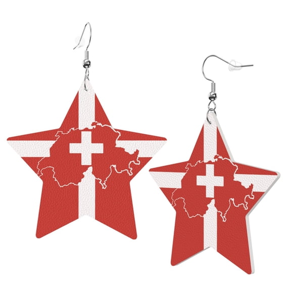 Leather Star Hook Earrings Switzerland Swiss Map Flag Print Earring Dangle Drop Earring For Women