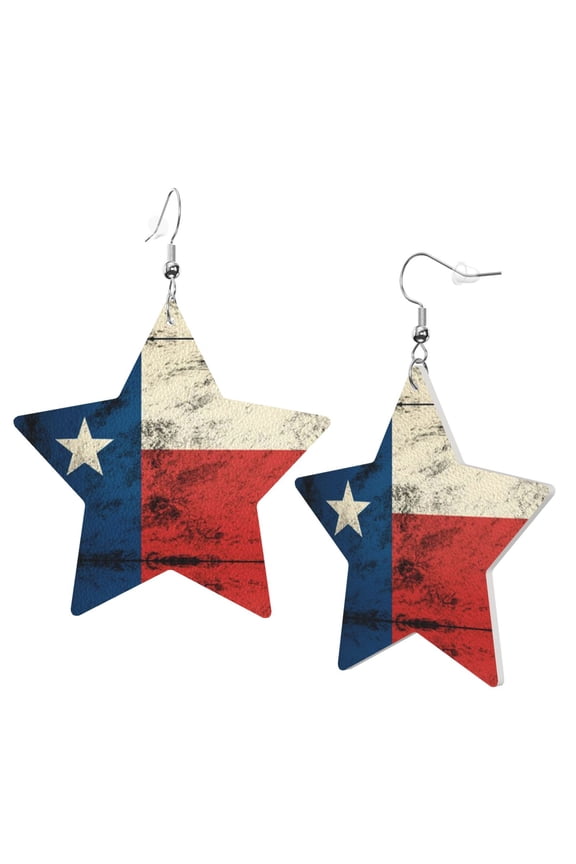 Leather Star Hook Earrings Texas Flag Distressed Print Earring Dangle Drop Earring For Women