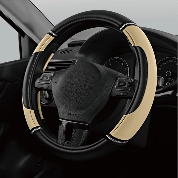 Leather Steering Wheel Cover - Made with PVC Leather - Anti-Slip, Universal Fit 14 1/2 inches to 15 inches - Beige