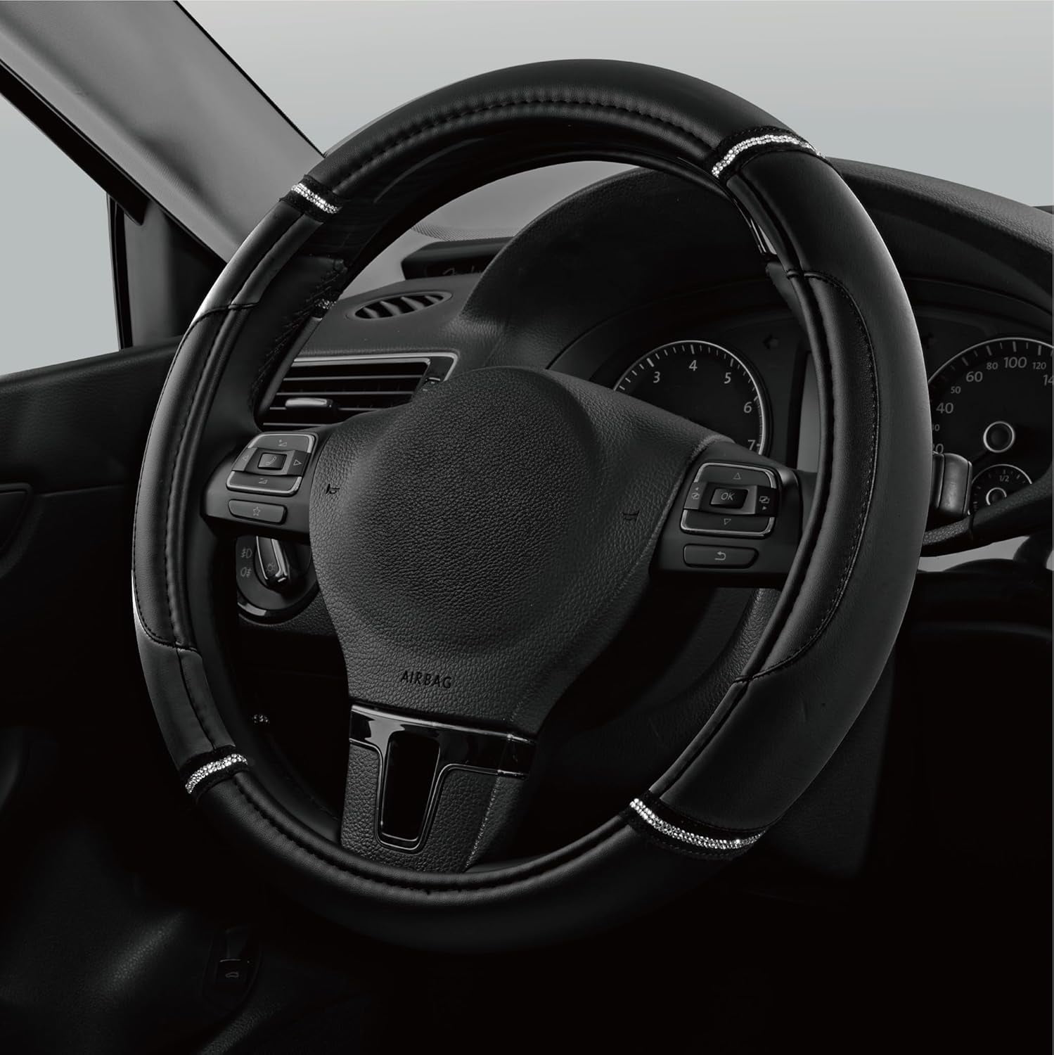 Leather Steering Wheel Cover - Made with PVC Leather - Anti-Slip, Universal Fit 14 1/2 inches to 15 inches - Black