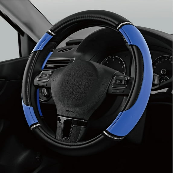 Leather Steering Wheel Cover - Made with PVC Leather - Anti-Slip, Universal Fit 14 1/2 inches to 15 inches - Blue