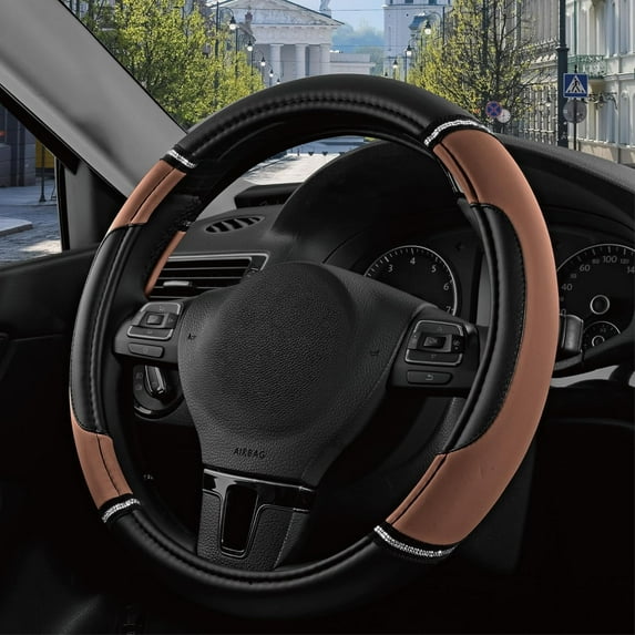 Leather Steering Wheel Cover - Made with PVC Leather - Anti-Slip, Universal Fit 14 1/2 inches to 15 inches - Brown
