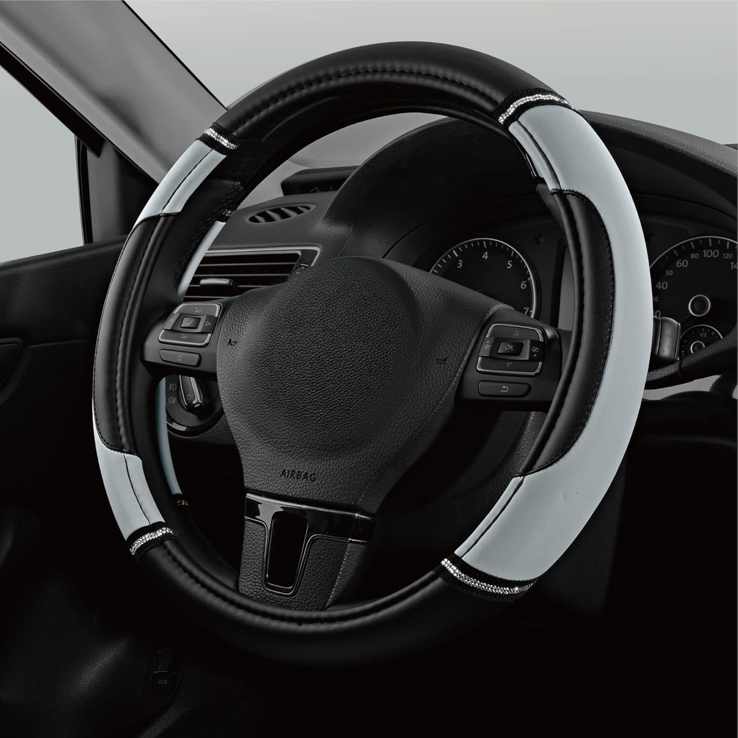 Leather Steering Wheel Cover - Made with PVC Leather - Anti-Slip, Universal Fit 14 1/2 inches to 15 inches - Gray