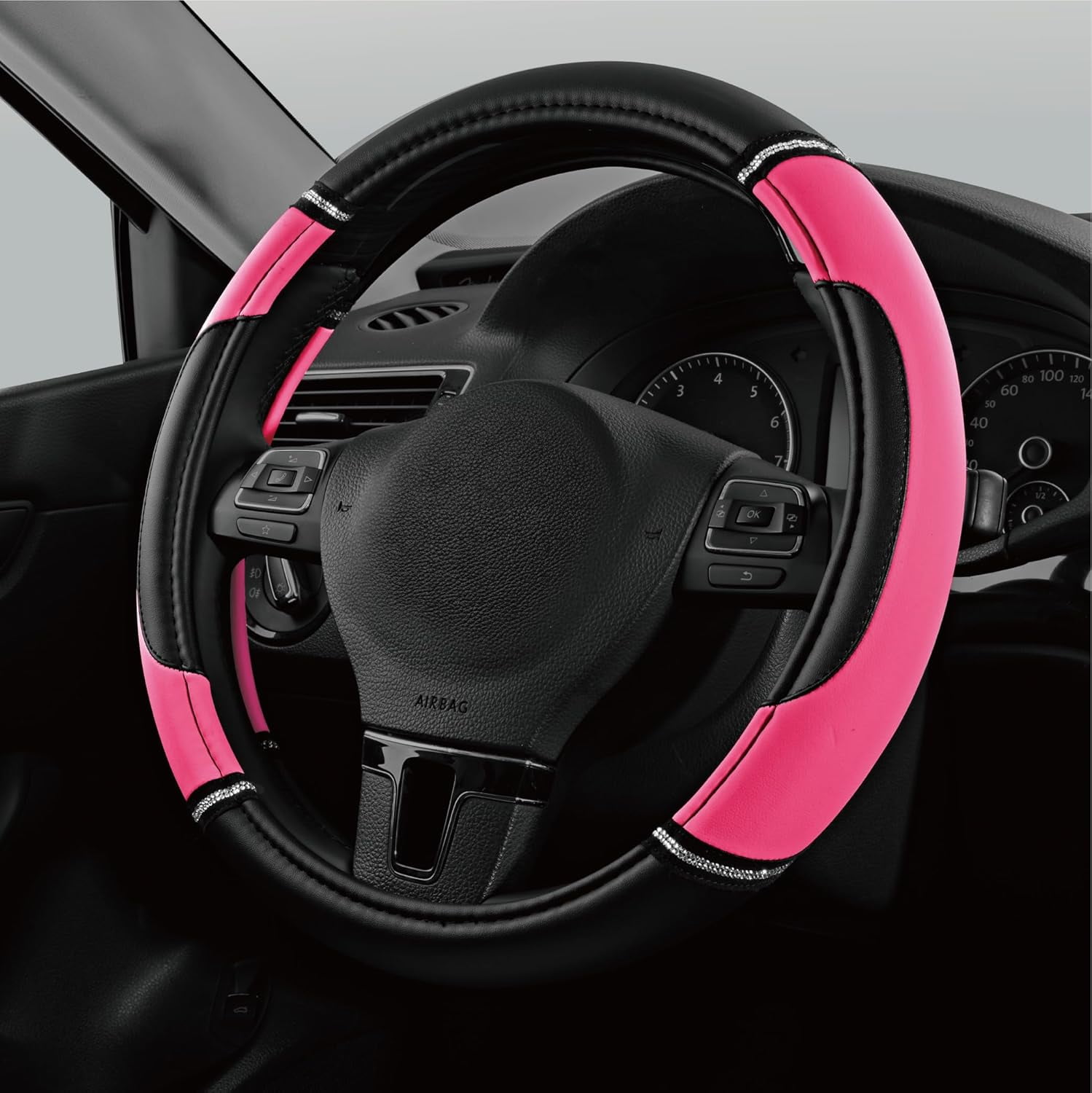 Leather Steering Wheel Cover - Made with PVC Leather - Anti-Slip, Universal Fit 14 1/2 inches to 15 inches - Hot Pink
