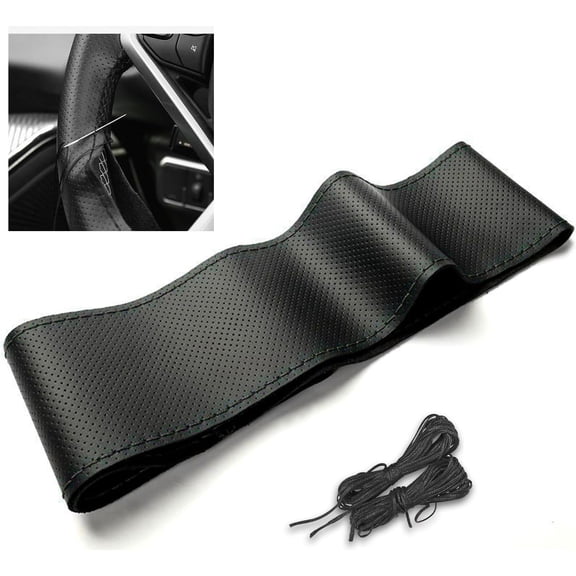 Leather Steering Wheel Cover, Stitch On Wrap, Breathable Anti-Slip Car Steering Wheel Protector for Max Diameter 15'', DIY Sewing with Needle Thread, Universal Car Accessories (Black)