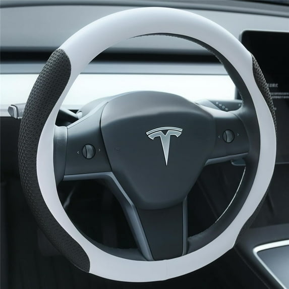Leather Steering Wheel Cover Suitable For Tesla Model3/Y 2016-2025 2026 Juniper/Highland, Non-slip And Breathable Tesla Model3/Y Steering Wheel Protector, White