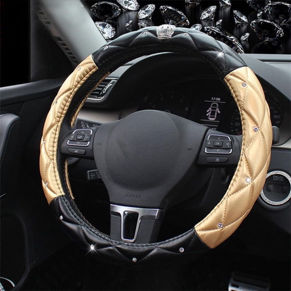 Leather Steering Wheel Cover Women Crystal Rhinestones Diamond Steering Covers Protector 15 Inch Non Slip Car Accessory Universal Fit Most Car, Golden Black