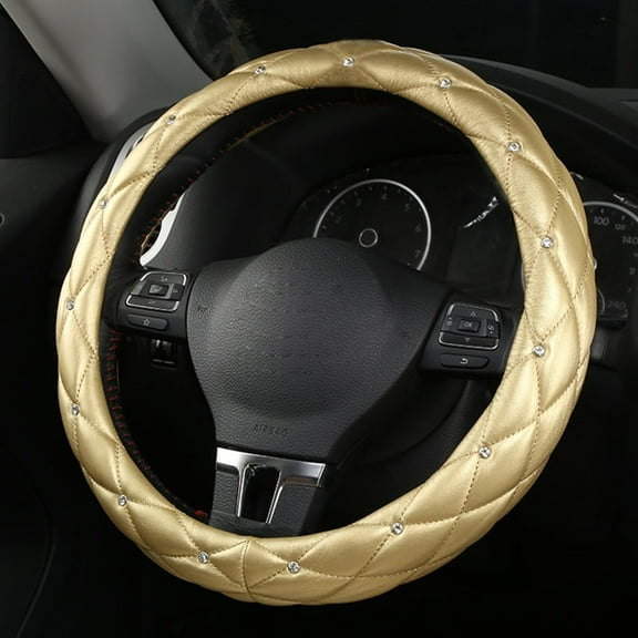 Leather Steering Wheel Cover Women Crystal Rhinestones Diamond Steering Covers Protector 15 Inch Non Slip Car Accessory Universal Fit Most Car, Golden