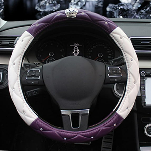 Leather Steering Wheel Cover Women Crystal Rhinestones Diamond Steering Covers Protector 15 Inch Non Slip Car Accessory Universal Fit Most Car, Purple White