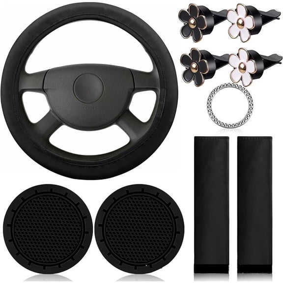 Leather Steering Wheel Cover for Women Cute Car Accessories Set of 10 Includes Seat Belt Shoulder Pads Seatbelt Covers Cup Holders Start Button Ring Sticker Air Vent Clip Car Accessories(Pink)