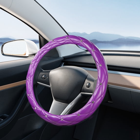 Leather Steering Wheel Cover - with Bling Crystal Rhinestones, Soft Breathable Anti-Slip Universal Fit 15" Protector, Cars Accessories