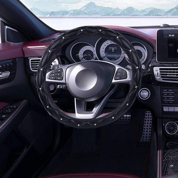 Leather Steering Wheel Cover with Non-Slip Grip and Decorative Accents for Enhanced Comfort and Style