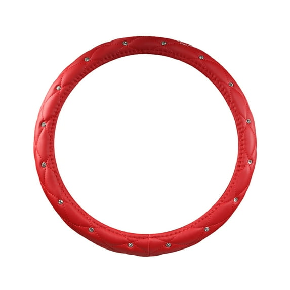 Leather Steering Wheel Cover with Rhinestone Accents Non-Slip Grip for Enhanced Driving Comfort - Red