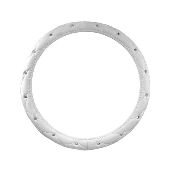Leather Steering Wheel Cover with Rhinestone Accents Non-Slip Grip for Enhanced Driving Comfort - White