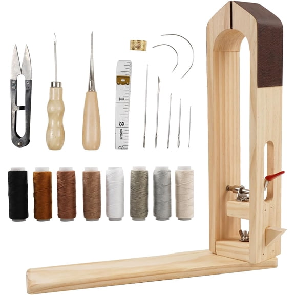 Leather Stitching Pony, Wood Leather Sewing Clamp Table Desktop Pony with Sewing Needles, Waxed Thread, Sewing Thread Awls, Scissors for DIY Hand Stitching Leathercraft Tools