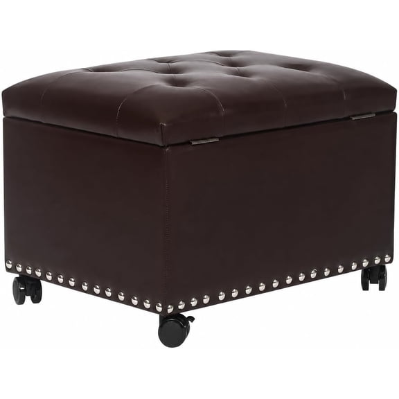Leather Storage Ottoman,24Foot Rest Ottomans with Wheels and Hinged Lid Rectangle Upholstered Foot Stools Nailhead Trim for Living Room Bedroom,Vintage Brown