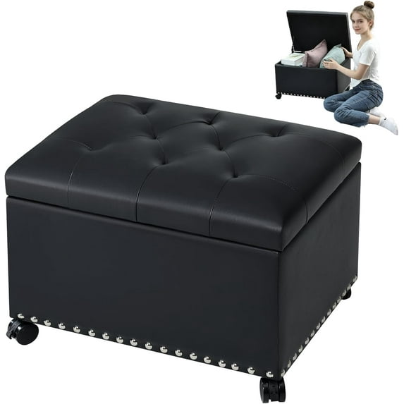 Leather Storage Ottoman Bench with 360° Caster Wheels, 24" Black Rectangle Rolling Ottoman with Storage, Foot Rest Bench Rectangle Ottomans Stool for Living Room Bedroom