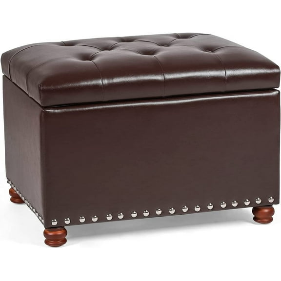 Leather Storage Ottoman Bench Foot Rest Stool with Nailhead Trim (Dark Brown - Button Tufted Leather)